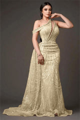 Champagne Mermaid Prom Dress Cap Sleeve Asymmetric Neck Formal Dress With Beadings and Rhinestones