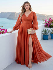 A-Line/Princess V-Neck Long Sleeves Floor Length Bridesmaid Dresses with Split Side