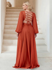 A-Line/Princess V-Neck Long Sleeves Floor Length Plus Size Bridesmaid Dresses with Split Side