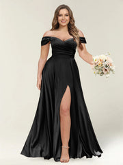 A-Line/Princess One-Shoulder Sleeveless Long Plus Size Bridesmaid Dresses with Split Side Black