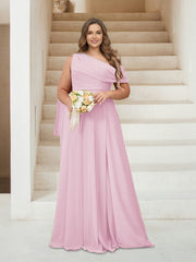 A-Line/Princess One-Shoulder Floor-Length Sleeveless Plus Size Bridesmaid Dresses Pink