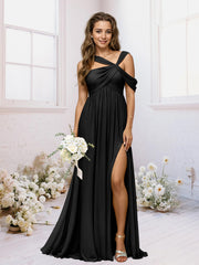 A-Line/Princess Criss Cross Floor-Length Chiffon Ruched Bridesmaid Dresses with Split Side Black