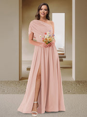 A-Line/Princess One-Shoulder Ruched Satin Bridesmaid Dresses with Side Slit Blush Pink