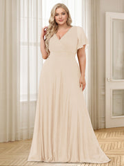 A-Line/Princess V-Neck Floor-Length Ruffles Plus Size Bridesmaid Dresses Light Champagne
