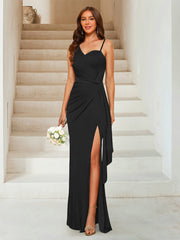 Sheath/Column Sweetheart Sleeveless Floor-Length Formal Dresses with Split Side & Ruched Black