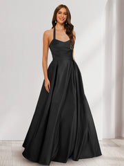 A-Line/Princess Halter Sleeveless Ruched Bridesmaid Dresses Black