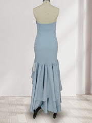 Trumpet/Mermaid Strapless Ruffle Tiered Long Bridesmaid Dresses with Split Side