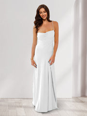 Sheath/Column Spaghetti Straps Pleated Long Bridesmaid Dresses with Split Side White