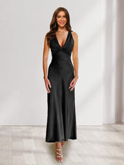 Sheath/Column Deep V-Neck Pleated Long Bridesmaid Dresses with Bow Back Black