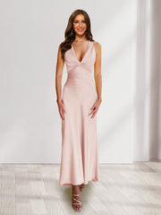 Sheath/Column Deep V-Neck Pleated Long Bridesmaid Dresses with Bow Back Blush Pink