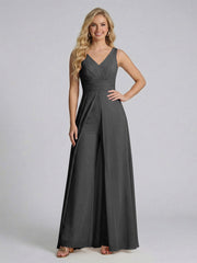 Jumpsuit V-Neck Sleeveless Chiffon Bridesmaid Dresses with Split Side Black