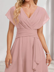 A-Line/Princess V-Neck Short Sleeves Knee-Length Bridesmaid Dresses with Ruffles