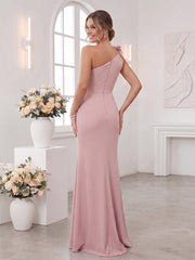 Sheath/Column One-Shoulder Sleeveless Floor-Length Bridesmaid Dresses with 3D Floral & Split Side
