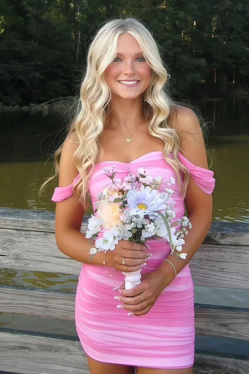 Stylish Sheath Off the Shoulder Pink Short Homecoming Dress with Ruched