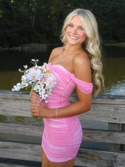 Stylish Sheath Off the Shoulder Pink Short Homecoming Dress with Ruched