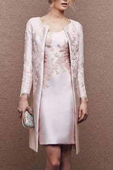 2 Knee-Length Satin Lace Sheath Dresses for Mothers of the Bride Sleeveless with Appliques