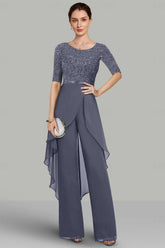 2-Piece Chiffon Mother of the Bride Pantsuit with Jewel Neck Half Sleeves and Floor-Length Design featuring Lace & Ruffles