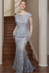 2-Piece Plus Size Mother of the Bride Scoop Neck Floor-Length Dresses with Appliques and Short Sleeves