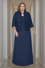 2-Piece Square Neck 3/4 Sleeve Floor-Length Mother of the Bride Dress Set with Jacket Lace & Sequins