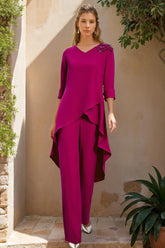 2-Piece V-Neck 3/4 Sleeve Floor-Length Ruffled Pantsuit with Jewel Embellishments for the Mother of the Bride