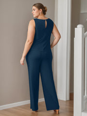 Plus Size 3-Piece Chiffon Pantsuit with Scoop Neck 3/4 Sleeves and Floor-Length Jacket Featuring Pockets