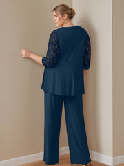 Plus Size 3-Piece Chiffon Pantsuit with Scoop Neck 3/4 Sleeves and Floor-Length Jacket Featuring Pockets