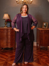 Plus-size 3/4 sleeve round-neck polyester mother-of-the-bride dress set with jacket