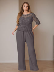 Plus Size Floor-Length Chiffon Pantsuits With Jacket - 3 Piece Set Scoop Neck & Long Sleeves