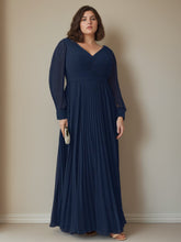 Plus Size Floor-Length A-Line Mother of the Bride Dress with V-Neck and Long Sleeves