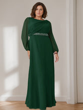 Plus Size Floor-Length Mother of the Bride A-Line Dress with Scoop Neck Long Sleeves Beaded Pleats and Cascading Ruffles