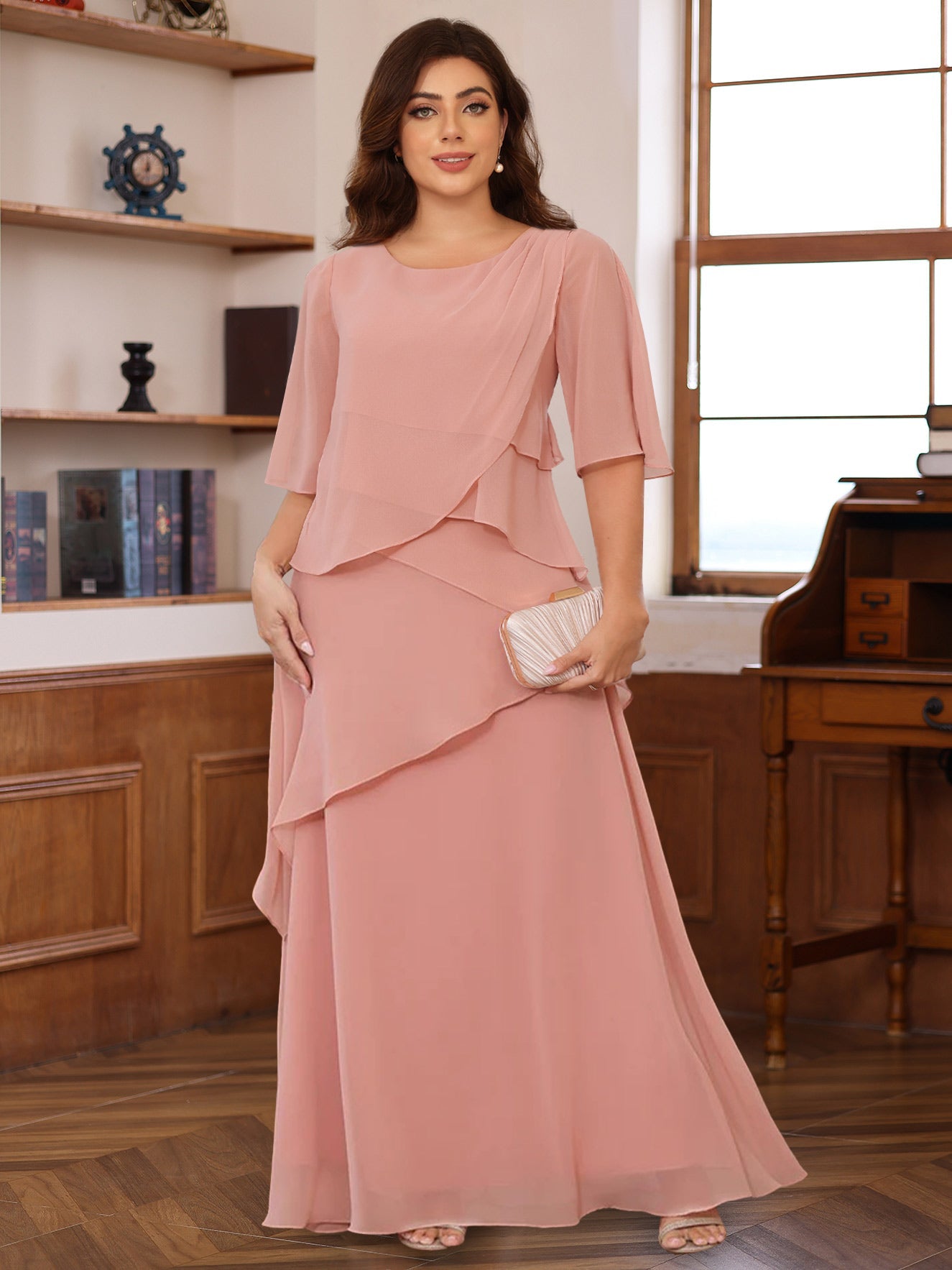 Plus Size Floor-Length Mother of the Bride A-Line Dress with Scoop Neck and Ruffled Half Sleeves