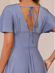 Plus Size V-Neck A-Line Princess Floor-Length Mother of the Bride Dress with Ruffles and Short Sleeves