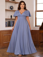 Plus Size V-Neck A-Line Princess Floor-Length Mother of the Bride Dress with Ruffles and Short Sleeves