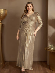 Princess A-Line V-Neck Floor-Length Plus Size Mother of the Bride Dress with 3/4 Sleeves and Ruffles