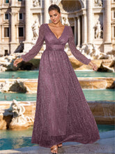 Plus Size V-Neck A-Line Princess Floor-Length Mother of the Bride/Groom Dress with Long Sleeves and Ruffles