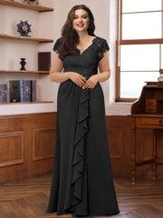 Plus Size V-Neck A-Line Princess Dress with Short Sleeves Ruffles and Appliques for Mothers of the Bride & Groom