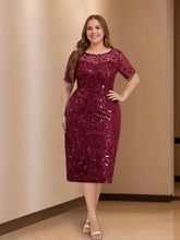 Plus Size Tea-Length Mother of the Bride Dress with Scoop Neck and Half Sleeves