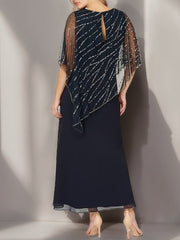 Plus Size V-Neck A-Line Princess Ankle-Length Mother of the Bride Dress with Asymmetrical Cape Popover and Half Sleeves