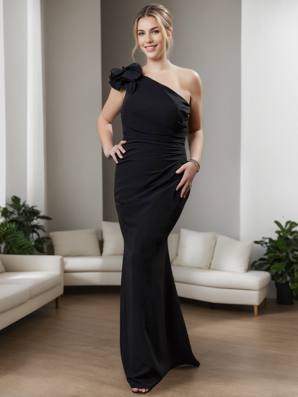 One-Shoulder Sleeveless Plus Size Ruffled Mother of the Bride Sheath Dress