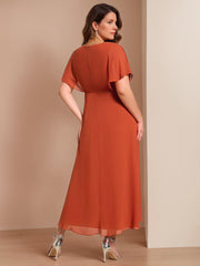 Plus Size V-Neck A-Line Mother of the Bride Dress with Short Sleeves and Asymmetrical Appliques