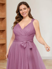 V-Neck Sleeveless A-Line Princess Floor-Length Tulle Plus Size Mother of the Bride Dress with Ruffles