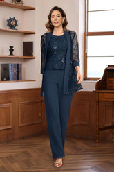 3-Piece Floor-Length Chiffon Pantsuits with Sequins for the Mother of the Bride