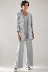 3 Pieces Scoop Neck 3/4 Sleeves Ankle-Length Mother of the Bride Pantsuits with Lace & Sequins & Jacket