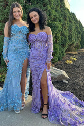 3D Floral Prom Dress Lace Strapless Long Evening Dress with Detachable Sleeves