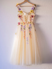 3D Homecoming Dress Flower Tulle Tea Length PartyesShort Party Cocktail Dress