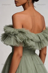 Dusty Sage Formal Dress Tulle A Line Long Wedding Guest Dress With Ruffles
