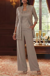 3 Pieces Suit Scoop Chiffon Mother of the Bride Pantsuits with Jacket 3/4 Sleeves Lace Ankle-Length