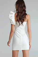 Yellow Satin Satin One Shoulder Short Tight Homecoming Dress with Ruffles