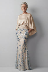 Champagne Beaded Floral Mermaid Long Grandmother of the Bride Dress with Pockets