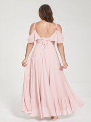 A-Line/Princess Chiffon Spaghetti Straps V-Neck Short Sleeves With Ruffles Asymmetrical Plus Size Bridesmaid Dresses